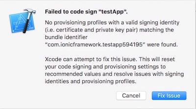 Code sign error in Ionic Framework