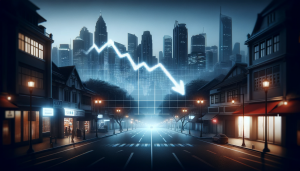 A somber cityscape at night with dimmed lights. A large, translucent graph showing a downward trend is projected over the city buildings. The streets have a few closed shops and sparse pedestrian traffic, portraying the challenges of an economic downturn.