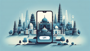 Smartphone with UPI interface in front of a simplified Indian city skyline.
