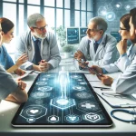 A photorealistic horizontal image featuring a group of doctors engaged in a discussion around a digital tablet displaying healthcare data. The doctors