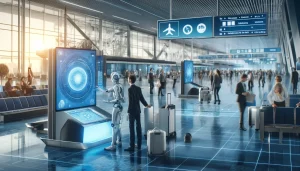 A futuristic airport scene with advanced technology features. The image includes travelers using interactive digital kiosks for check-in, a holographi.webp