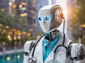 a robot with a medical gown and a stethoscope; the future of the medicine