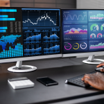 Operator analyzing Smart Manufacturing dashboards on dual monitors with real-time data visualizations for production, inventory, and quality control.